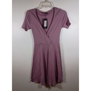 Nasty Gal Mauve Cotton Wrap Ribbed Short Sleeve Midi Skater Dress Size 6